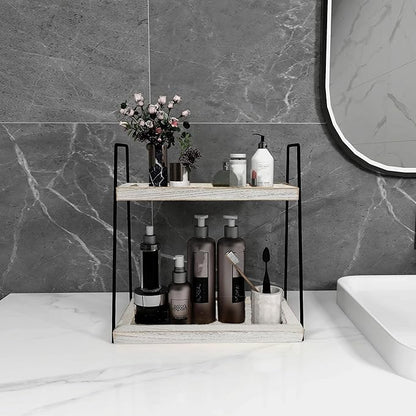 Dorhors 2 Tier Bathroom Counter Organizer Storage,Vanity Organizer for Bathroom Counter,Wood Standing Rack for Kitchen(Rustic White)