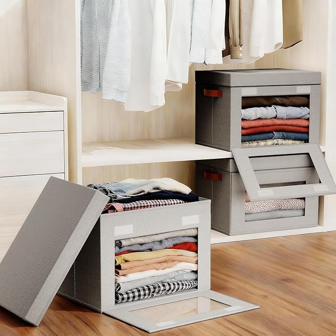 6-Pack Large Storage Bins with Lids,Stackable&Collapsible Closet Storage Bins,Oxford Fabric Organizer Box with Clear Window,Large Decorative Storage Boxes for Closet,Dorm16.5"x11.8"x11"