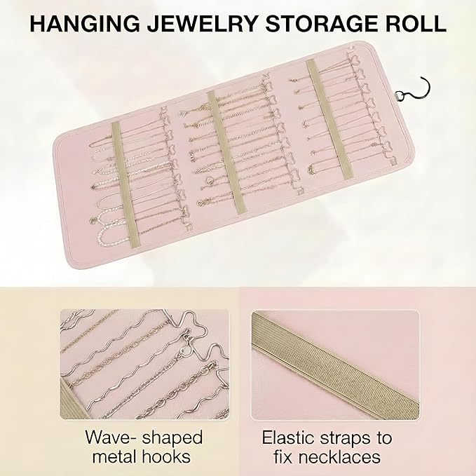 Hanging Jewelry Organizer, Dual-Sided Necklace Holder with Multiple Clear Pockets - Wall Mount & Over The Door Closet Storage for Earrings, Rings, Bracelets - 360° Rotating Hanger (1, pink, XL)
