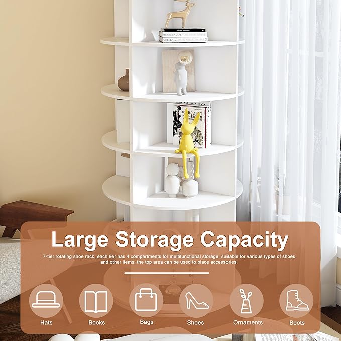 Runboll 7-Tier Rotating Shoe Rack Tower Spinning Shoe Display Lazy Susan Tower, 360 Revolving Shoe Storage Organizer Rack for Living Room Entryway Doorway
