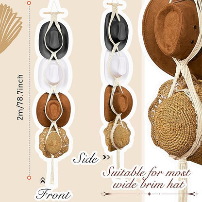 Yulejo Macrame Hat Hangers Racks Boho Cowboy Hats Holders Western Display Organizer Storage decor Back of Door for Wall(White,Four Hats Style)