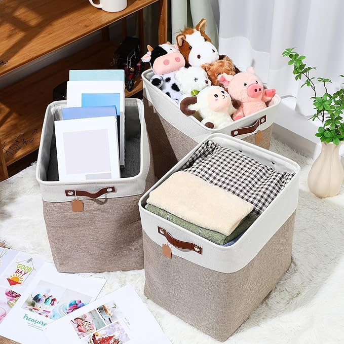 Uiifan 10 Pcs Collapsible Storage Bins Fabric Foldable Storage Basket with Handles Cloth Organizer Linen Shelf Baskets for Shelves Home Closet Nursery Toys(17 x 15 x 12 Inch,Beige and White)