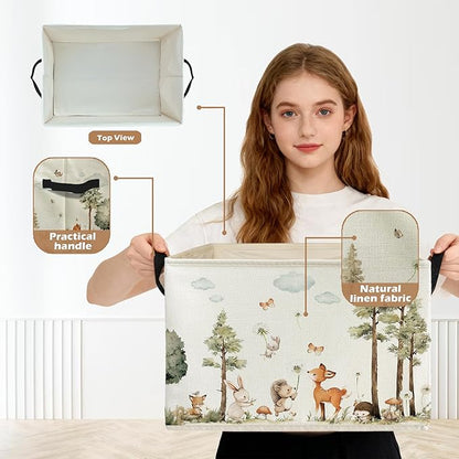 Forest Animal Nursery Storage Box Bins, Watercolor Tree Deer Fox Bunny Animal Collapsible Storage Basket Organizer for Kids Room Laundry Room Clothes Books, Decor for Room