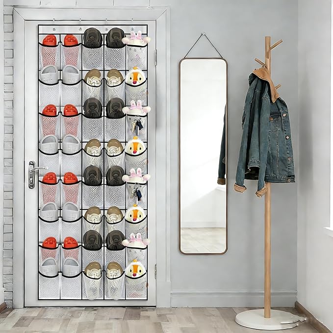 Over the Door Shoe Organizer, 40 Large Mesh Pockets Hanging Shoe Rack for Door, Space Saving Shoe Storage Organizer for Closet, Bedroom, Entryway, White