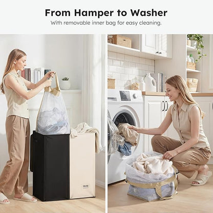 SOLEDI Large Double Laundry Hamper with Lid, Collapsible Clothes Hamper 2 section with Removable Bags, Space-Saving Laundry Basket for Bedroom, Dorm, College