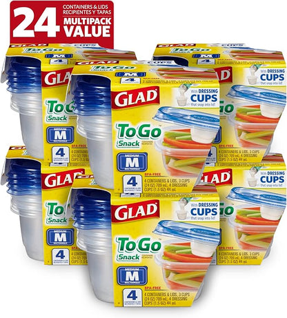Glad GladWare To Go Snack Food Storage Containers with Lids, Medium Rectangle BPA Free Plastic with Built-In Dressing Cup for Salads and Snacks, Microwave Dishwasher Safe, 24 Oz, 4 Count - 6 Pack