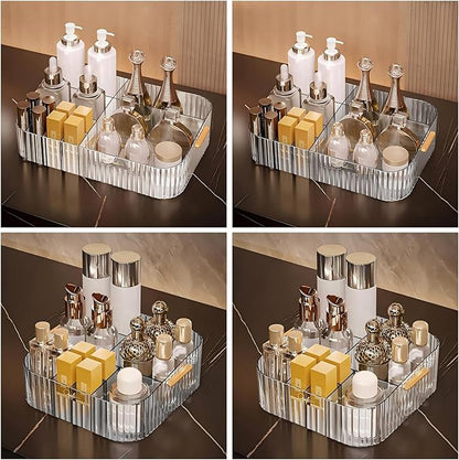 DASITON Large Capacity Makeup Organizer,12 Slots Makeup Brush Holder,Makeup Storage with Handle,Vintage Striped Cosmetic Organizer for Bathroom Countertops,Desk Storage Container(Grey)