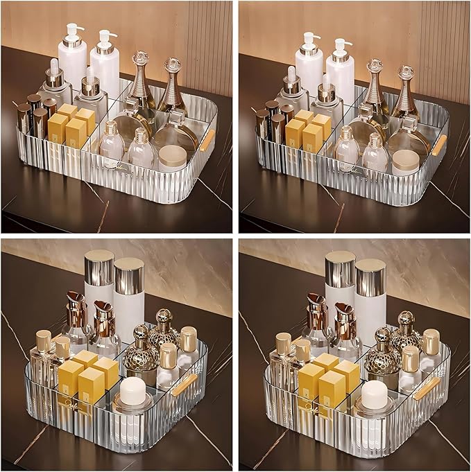 DASITON Large Capacity Makeup Organizer,12 Slots Makeup Brush Holder,Makeup Storage with Handle,Vintage Striped Cosmetic Organizer for Bathroom Countertops,Desk Storage Container(Clear)
