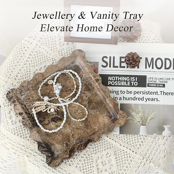 Square Marble Vanity Tray with Scalloped Edge - Natural Marble Perfume Tray Decor for Dresser, Vanity, Kitchen, Home Decor, Decorative Square Stone Tray - Brown 8 * 8 inch