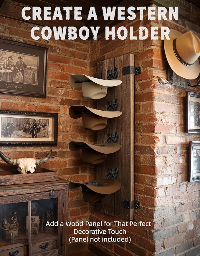 Cowboy Hat Holder Wall Mount for Wide Brim Hats Rustic Horseshoe Hooks with Texas Star Metal Hat Hanger Organizer for Closet Horse Trailer Entryway Bedroom Barn Farmhouse Western Decor, 4 Pack, Black