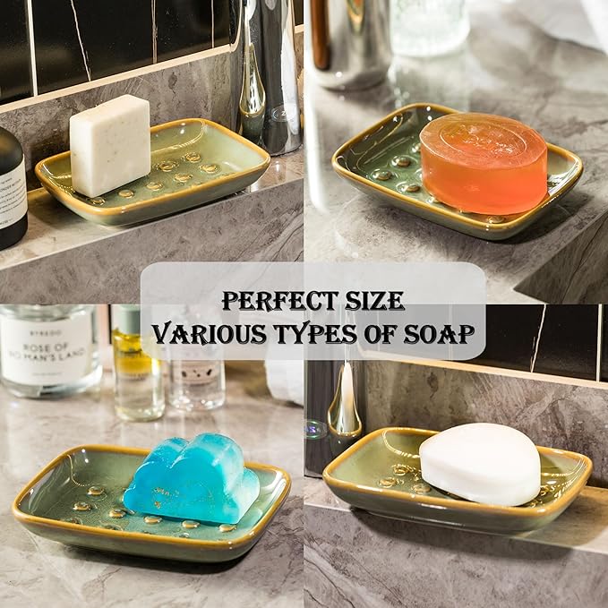 Soap Dish for Shower, Ceramic Soap Dish for Large Soap Bars, Non-Slip Soap Holder & Saver Tray with Floating Point Design for Bathroom, Shower, Kitchen Sink, Save Soap Loss (Pack of 2)