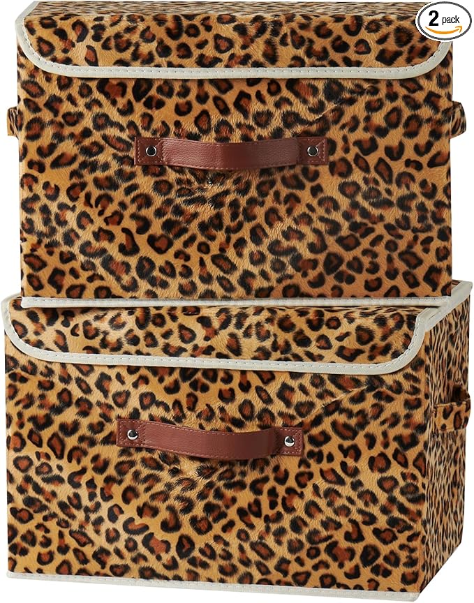 2PCS Storage Bin with Lid Leopard Print Cute Velvet Fabric Storage Basket Box Faux Leather Handles PP Plastic Board Foldable Washable Lidded Closet Shelf Organizer Container (Large Size)