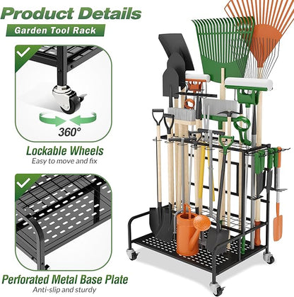 Garden Tool Organizer Rack with Wheels Up to 39 Tools, Heavy-Duty Steel Yard Tool Organizer for Garage Storage with 12 Hooks, Broom Holder & Garden Tool Rack for Shed, Patio, Outdoor Use, Black