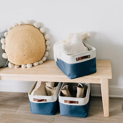 OrganiHaus 16x12.5in Canvas Storage Baskets 3 Pack | EXTRA LARGE Fabric Bins for Shelves | Linen Closet Organizer | Navy Blue/Off-White