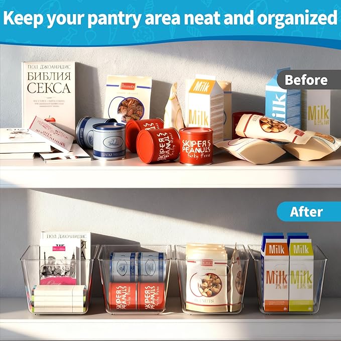 Clear Plastic Storage Bins, 4-Pack Stackable Pantry Organizers and Storage Containers for Kitchen, Fridge, Cabinet and Closet Organization - Home Essentials