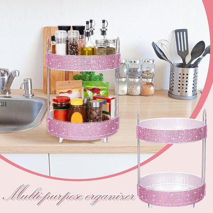 Honeydak 360 Rotating Perfume Organizer for Mother Day Nurse Day Rhinestone Bathroom Counter Organizer Makeup Holder Skincare and Perfume Storage for Cosmetic Countertop(2 Tiers,Resin Stone,Pink)