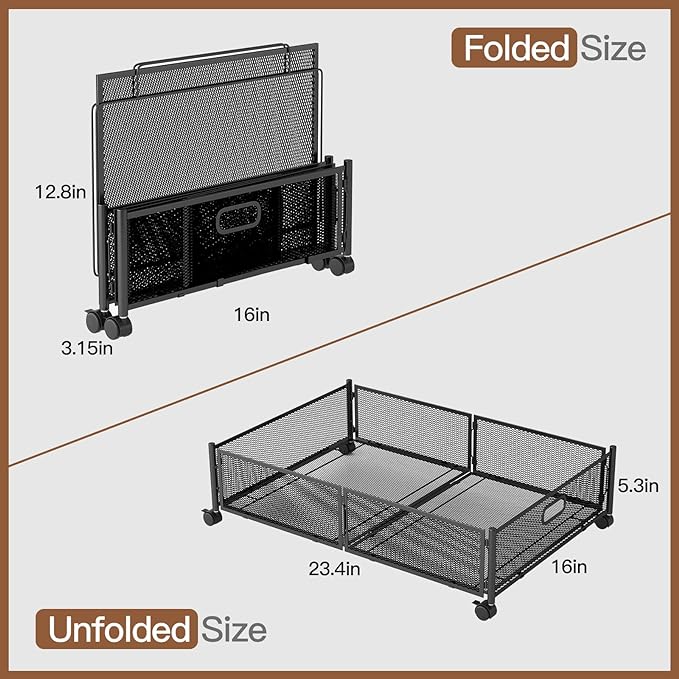 Gawerk Under Bed Storage with Wheels, Foldable Metal Mesh Underbed Storage Container Bins, Tool-free Assembly Clothes Drawer Organizer,2Pack