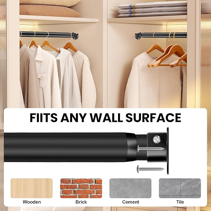 Adjustable Closet Rod - 17 to 84 Inch Heavy Duty Tension Rod for Hanging Clothes, Black Curtain Rod Ideal for Closets, Wardrobes, Bathrooms, and Laundry Rooms (17-84IN)