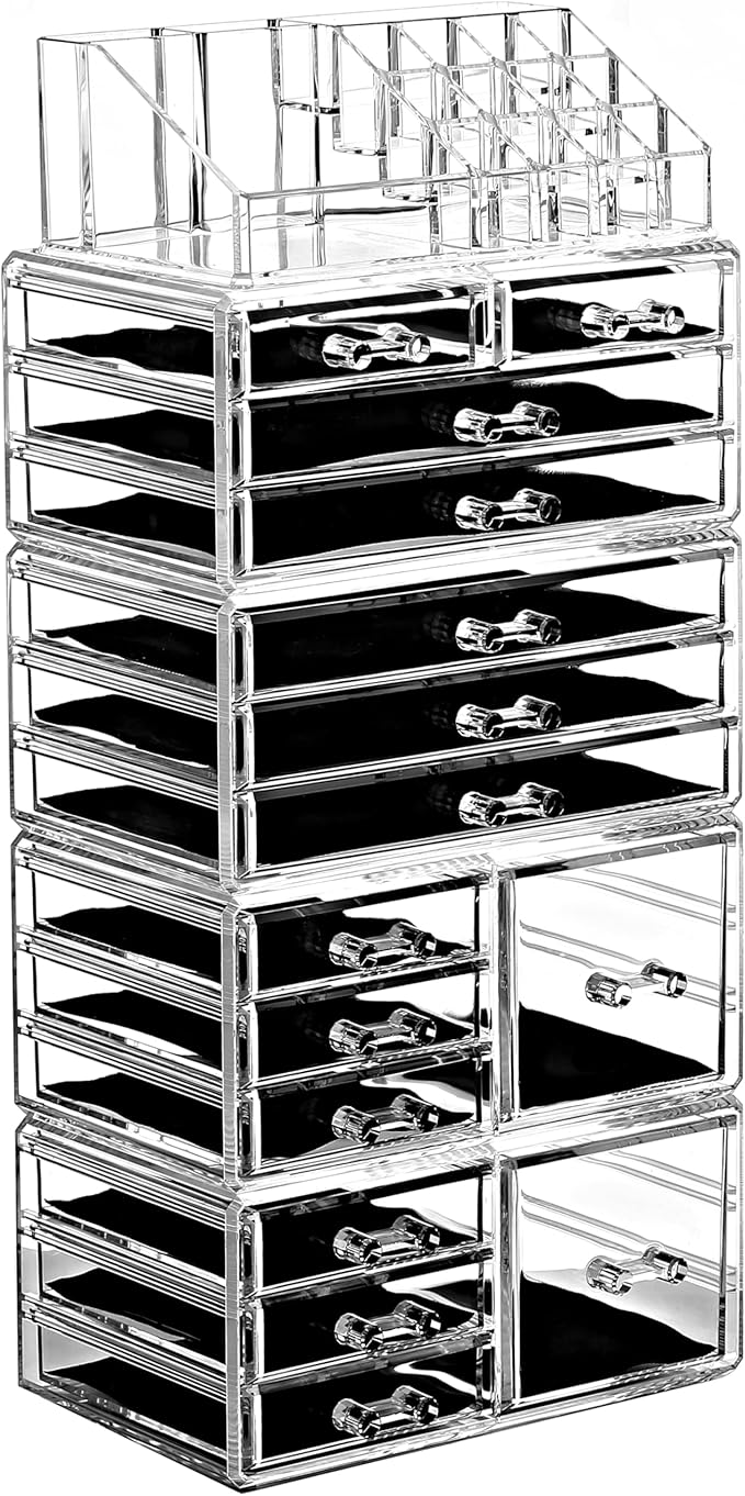 Ikee Design 5 Pcs Set Acrylic Makeup Organizer with 15 Drawers and Removable Top Lipstick Holders, Ideal for Make-up, Accessories,Enhance Your Vanity or Bathroom with Clear Design for Quick Visibility
