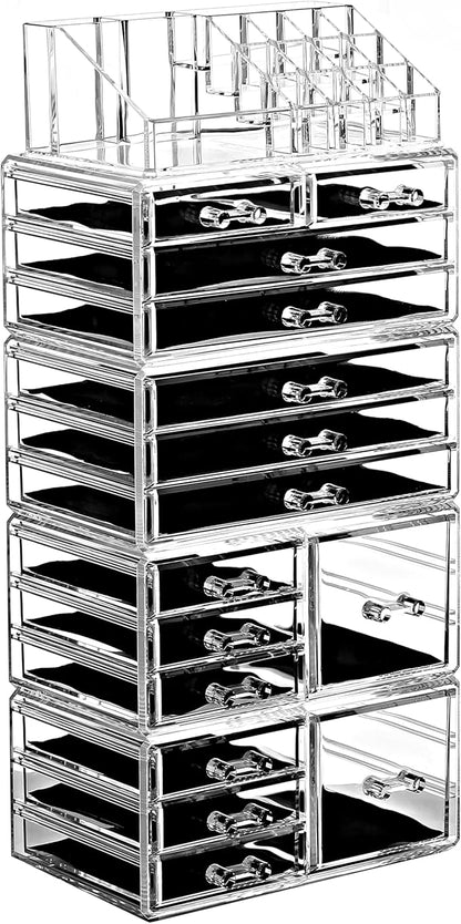 Ikee Design 5 Pcs Set Acrylic Makeup Organizer with 15 Drawers and Removable Top Lipstick Holders, Ideal for Make-up, Accessories,Enhance Your Vanity or Bathroom with Clear Design for Quick Visibility
