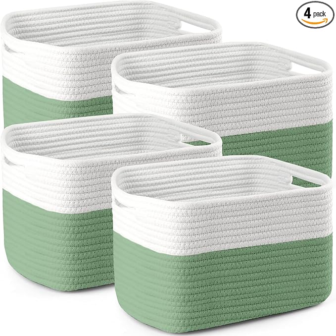 4 Pack Storage Baskets for Organizing, 12''Lx9''Wx8''H Woven Baskets for Storage Toys, Towels, Books, and Clothes, Cotton Rope Basket for Shelves with Handle