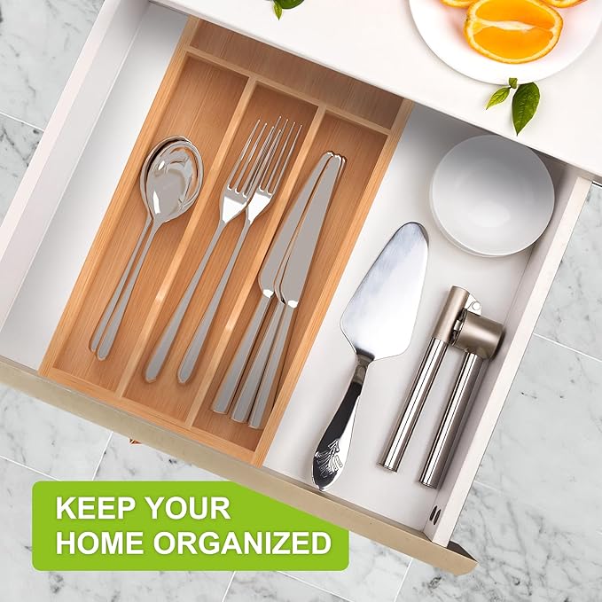 Unibambou Bamboo Utensil Drawer Organizer with Removable Dividers, Kitchen Organizer for Flatware Cutlery, Silverware Tray for Drawer (5/4 Flexible Slots, Natural)