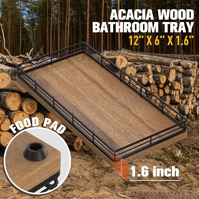 Bathroom Vanity Tray for Countertop, 12" x 6" Acacia Wood Toilet Tank Tray with Metal Guardrail, Bathroom Organizer for Soap, Perfume & Skincare, Non-Slip Decorative Tray for Dresser, Black & Acacia