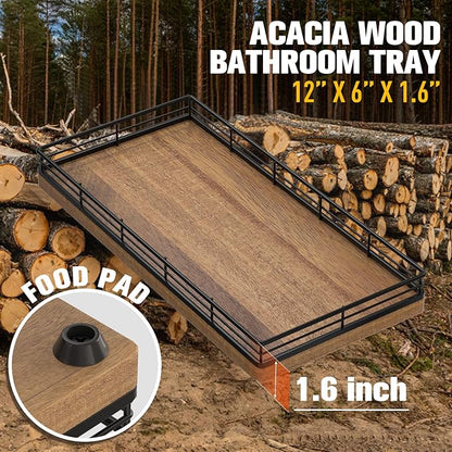 Bathroom Vanity Tray for Countertop, 12" x 6" Acacia Wood Toilet Tank Tray with Metal Guardrail, Bathroom Organizer for Soap, Perfume & Skincare, Non-Slip Decorative Tray for Dresser, Black & Acacia