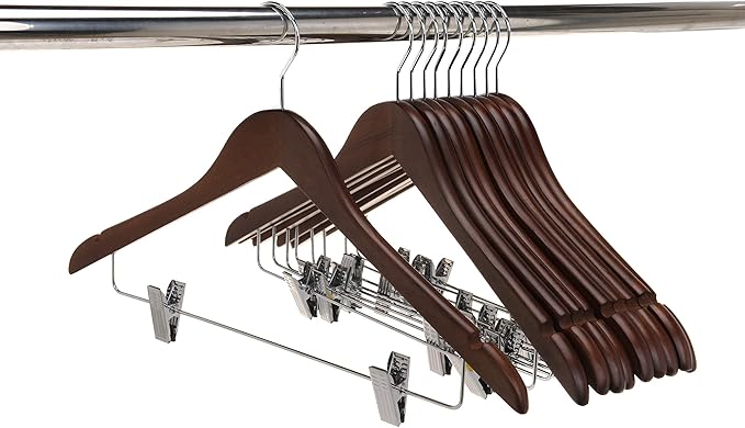 Quality Wooden Skirt Hangers with Clips, 10-Pack Smooth Solid Wood Pants Hangers with Durable Adjustable Metal Clips, Swivel Hook, Coat, Jacket, Blouse Suit Hangers (Walnut - Chrome Hook, 10)