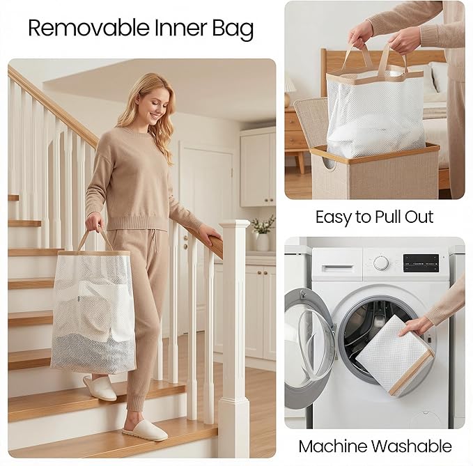 efluky 26 Gal Laundry Basket with Lid and Net Bag, Tall Laundry Hamper with Bamboo Handles, Aesthetic Dirty Clothes Bin for Laundry Room, Bathroom, Bedroom and Dorm, Oatmeal