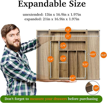 Kiasthome Acacia Wood Kitchen Silverware Drawer Organizer, Expandable Utensil Cutlery Drawer Organizer with Dividers, Flatware Organizer Silverware Tray for Spoon, Fork, 13''-21''x16.9'' (6-8 Slots)