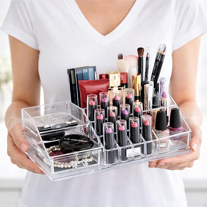 Decozen Makeup Organizer - Vanity Storage with Multiple Compartments and Drawers for Brushes, Lipsticks, Jewelry, Perfect for makeup organizer countertop, makeup holders and organizers, Gift for Mom