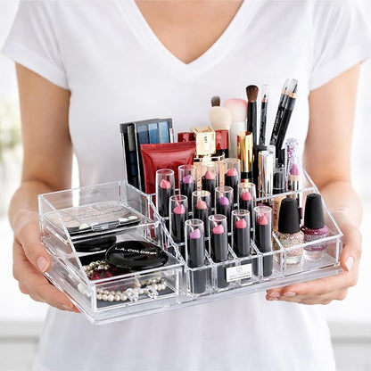 Decozen Makeup Organizer - Vanity Storage with Multiple Compartments and Drawers for Brushes, Lipsticks, Jewelry, Perfect for makeup organizer countertop, makeup holders and organizers, Gift for Mom