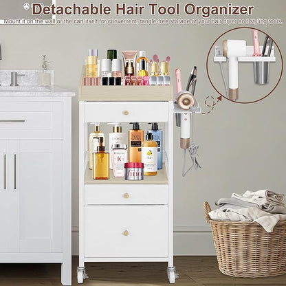 Makeup Organizer Cart with 3 Drawers, Large Cosmetic Organizer with Detachable Hair Tool Holder, Makeup Cabinet Cosmetic Display Cases for Skin Care Perfume Nail Polish, White & Natural