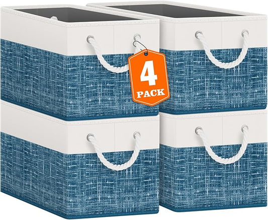 Fab totes Storage Bins 4-Pack, Foldable Storage Baskets for Organizing Toys, Books, Shelves, Closet, Large Storage Box with Rope Handles, Sturdy Organizer Bins, White & Blue
