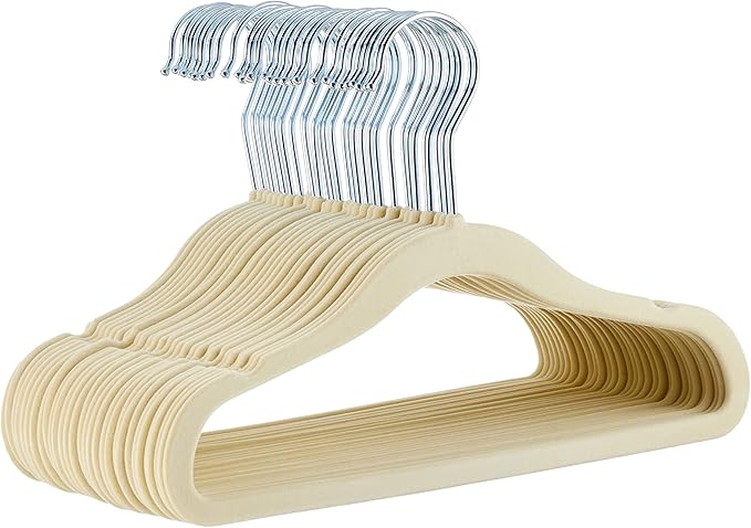 Amazon Basics Kids Space Saving Velvet Non-Slip Clothes Hangers with Shoulder Notches, Sturdy Construction for Closet Organization, 11.6", Beige, 30-Pack