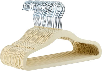 Amazon Basics Kids Space Saving Velvet Non-Slip Clothes Hangers with Shoulder Notches, Sturdy Construction for Closet Organization, 11.6", Beige, 30-Pack