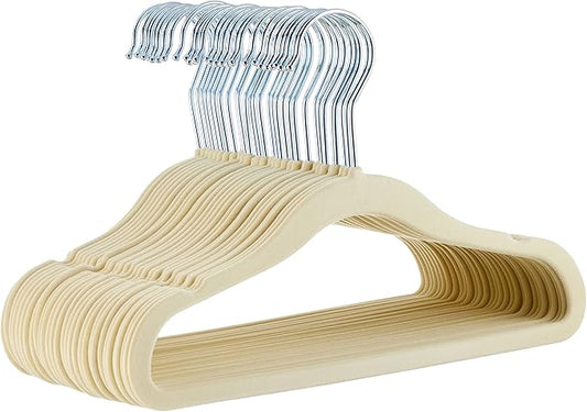 Amazon Basics Kids Space Saving Velvet Non-Slip Clothes Hangers with Shoulder Notches, Sturdy Construction for Closet Organization, 11.6", Beige, 30-Pack