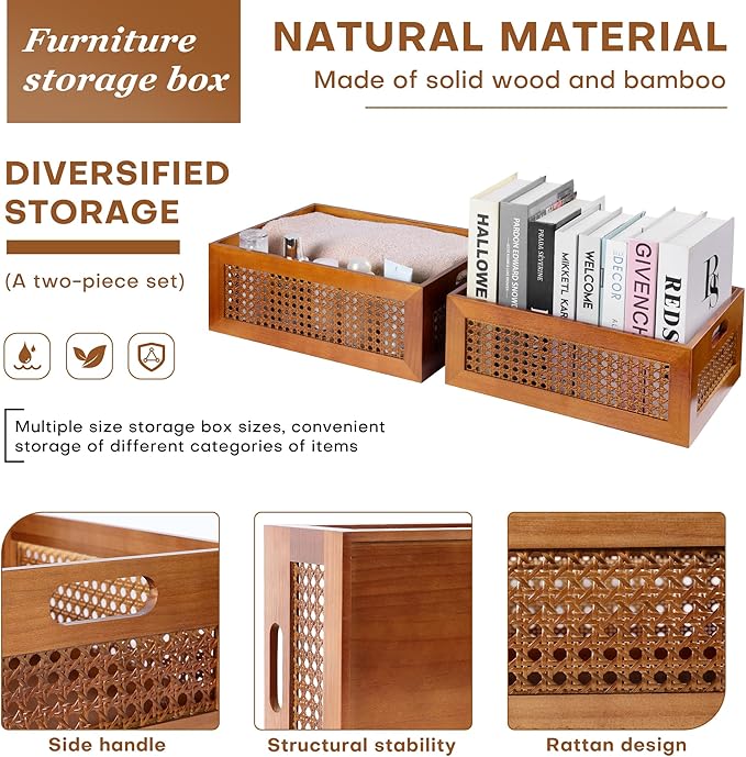 Wooden Storage Basket Set of 2 Handmade Rattan Drawer Storage Box with Frame & Handles Decorative Natural Bamboo Woven Bins Rustic Farmhouse Decor Home Office Tabletop Shelf Organizer