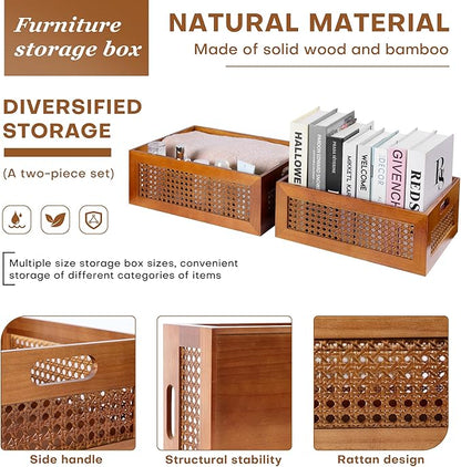 Wooden Storage Basket Set of 2 Handmade Rattan Drawer Storage Box with Frame & Handles Decorative Natural Bamboo Woven Bins Rustic Farmhouse Decor Home Office Tabletop Shelf Organizer
