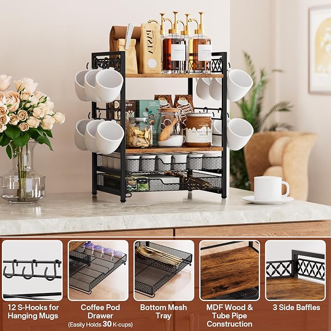 Plaviya Coffee Bar Station Organizer, 4 Tier K Cup Organizer Mug Holder with 12 Hooks, Coffee Pod Holder, Multifunctional Countertop Organizer for Kitchen