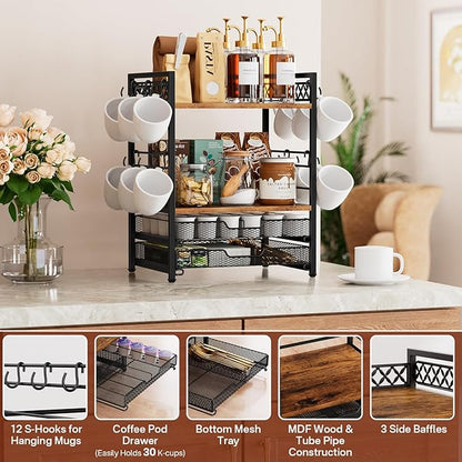 Plaviya Coffee Bar Station Organizer, 4 Tier K Cup Organizer Mug Holder with 12 Hooks, Coffee Pod Holder, Multifunctional Countertop Organizer for Kitchen