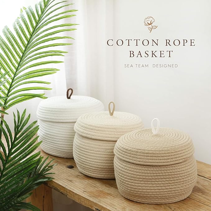 Sea Team Round Cotton Rope Storage Basket with Lid, Decorative Woven Storage Bin, Pot, Caddy, Organizer, Container for Snacks, Towels, Plants (Khaki, Small/2-Pack)