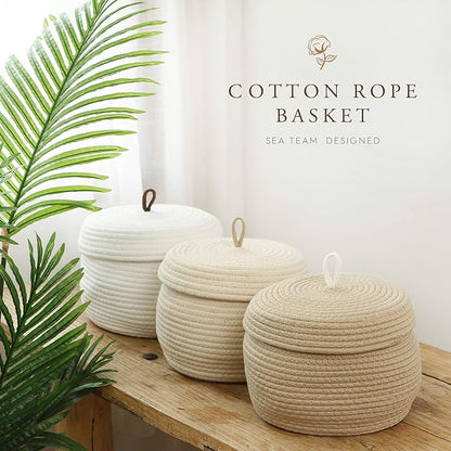 Sea Team Round Cotton Rope Storage Basket with Lid, Decorative Woven Storage Bin, Pot, Caddy, Organizer, Container for Snacks, Towels, Plants (Khaki, Small/2-Pack)