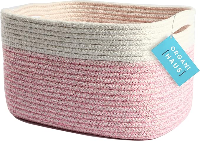 Pink Cotton Rope Basket for Shelf Storage - 15"×10"×9½" - Colorful Decorative Basket for Kids - Nursery, Playroom, Classroom - Toy Storage, Books, Towels