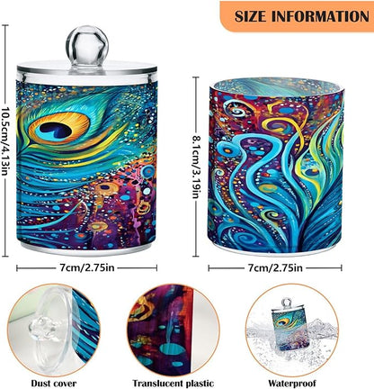 4 Pack Qtip Holder Dispenser Peacock Feathers Rainbow Feathers Blue Cotton Ball Swab Round Pads Floss Clear Bathroom Storage Containers Plastic Apothecary Jars with Lids