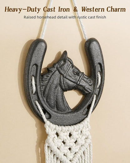 Macrame Wall Hat Rack Boho Hat Organizer Wall Mount with Cast Iron Horsehead Hanger Western Hat Holder for Women Wide Brimmed Fedora Straw Cowboy Hats Storage Back of Door Decorative Display