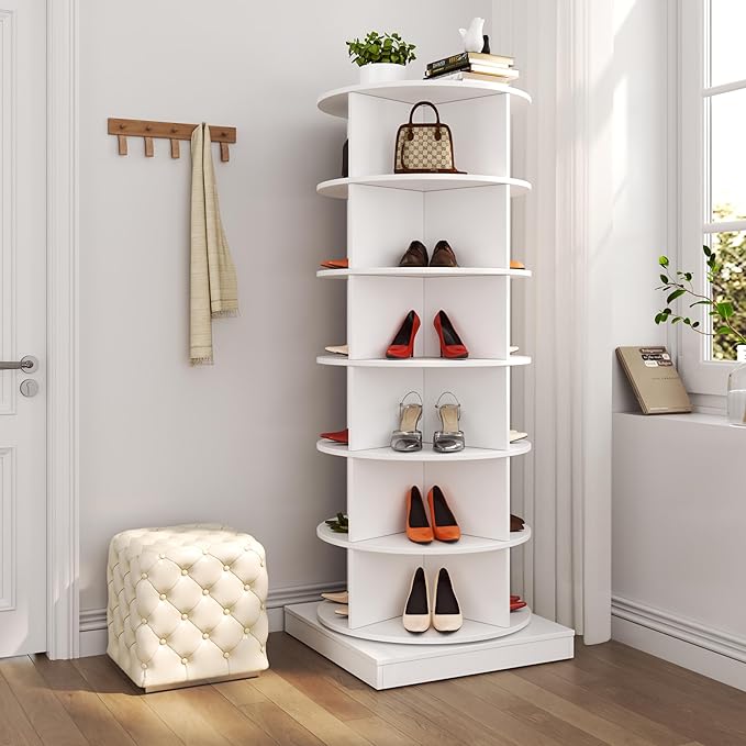 HomVent Rotating Shoe Rack, Wooden 6-Tier Spinning Shoe Rack Tower, Free Standing 360° Revolving Shoe Organizer Shoe Storage Shelf Can Hold Over 24 Pairs Shoes for Entryway Living Room (6-Tier, White)