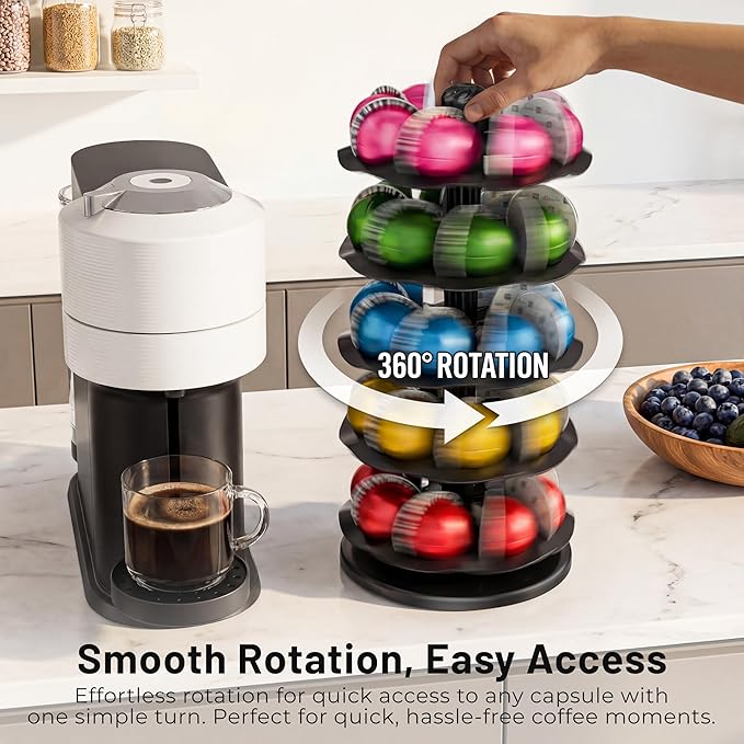 EVERIE Coffee Pod Holder for Nespresso Vertuo Capsules, 40-Pod Rotating Carousel Organizer, Space-Saving Countertop Display, Smooth Spin & Secure Upright Slots, Fits All Vertuo Sizes (Black)