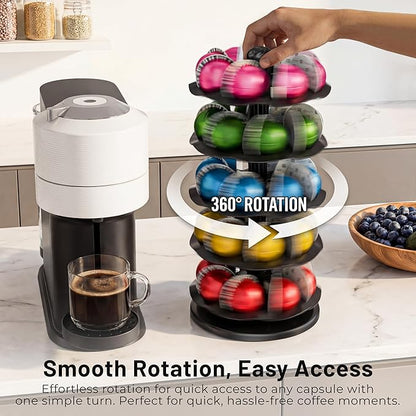 EVERIE Coffee Pod Holder for Nespresso Vertuo Capsules, 40-Pod Rotating Carousel Organizer, Space-Saving Countertop Display, Smooth Spin & Secure Upright Slots, Fits All Vertuo Sizes (Black)